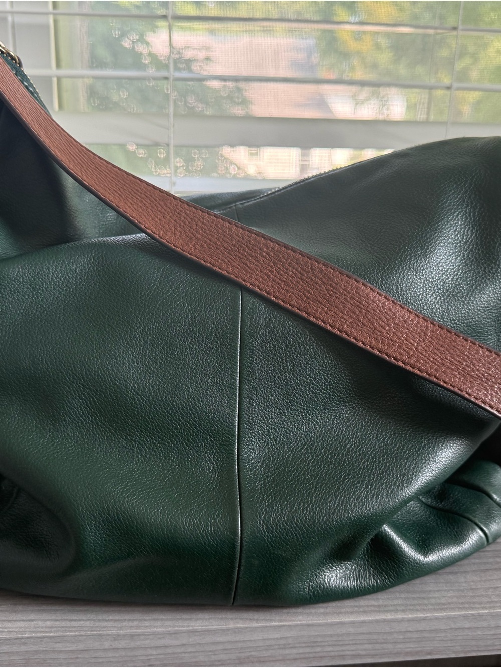 Isaac Mizrahi Dark Green Leather Messenger Bag with Brown Trim - Picture 5 of 9
